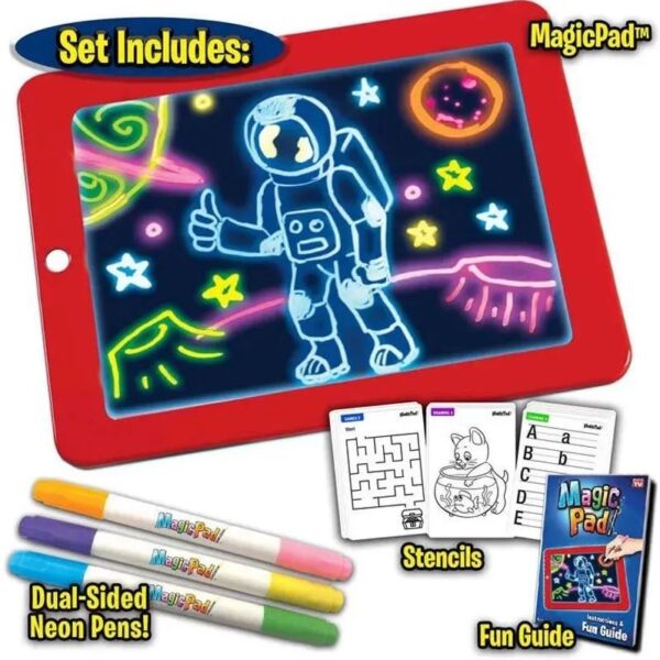 Magic Pad Create Art That GLOWS Light Up LED Board Draw, Sketch, Create, Doodle, Art, Write, Learning Tablet | Includes 3 Dual Side Markets - 30 Stencils - 8 Colorful Effects