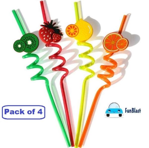 Pack of 4 Washable & Reusable Straws | Acrylic Fruit Straws for Children, Cartoon Straws, Colourful Plastic Straws For Kids - Image 2