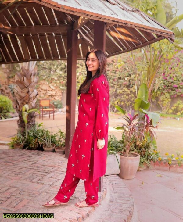 3 Pcs Stitched Linen Floral Embroidered Suit - Image 2