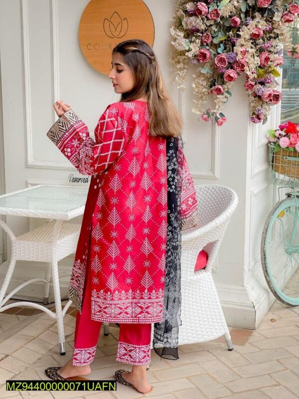 3 Pcs Stitched Silk Mirror Work Suit - Red - Image 3