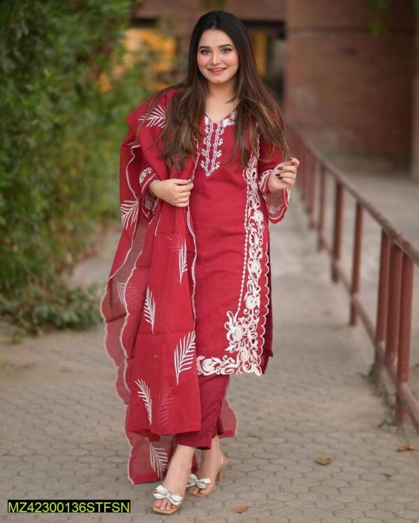 3 Pcs Stitched Organza Embroidered Suit