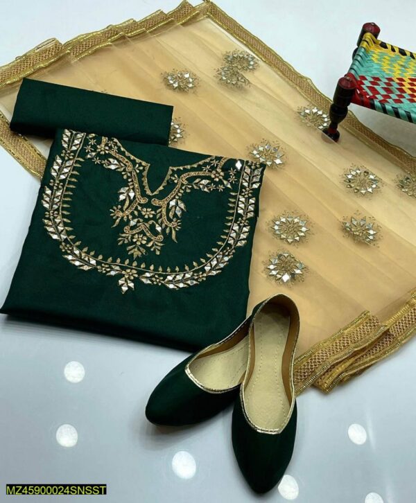 3 Pcs Unstitched Katan Silk Embroidered Suit