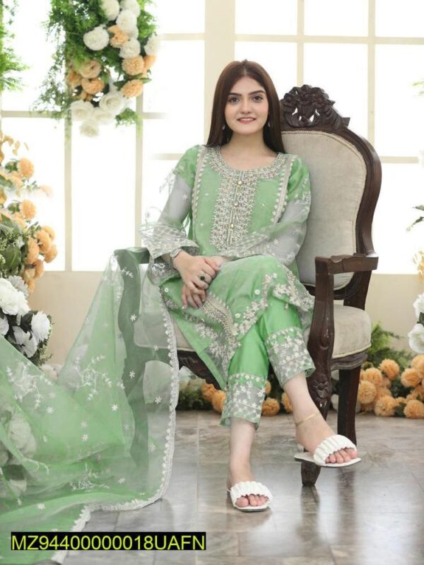 3 Pcs Stitched Fancy Organza Embroidered Suit