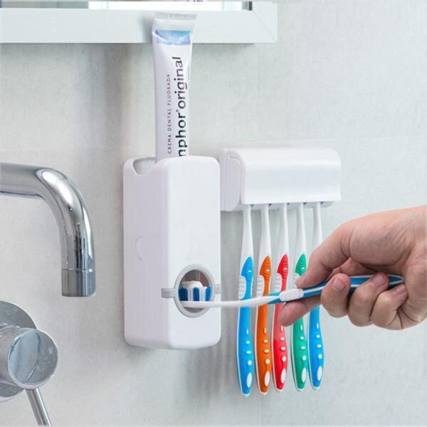 Toothpaste Dispenser With 5 Brush Holder || Wall Mounted Automatic Hands Free Toothpaste Dispenser