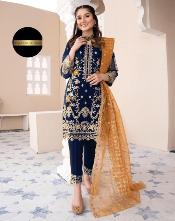 3-pcs Embroidered Suits in ORGANZA & MALAI Fabric - Image 2