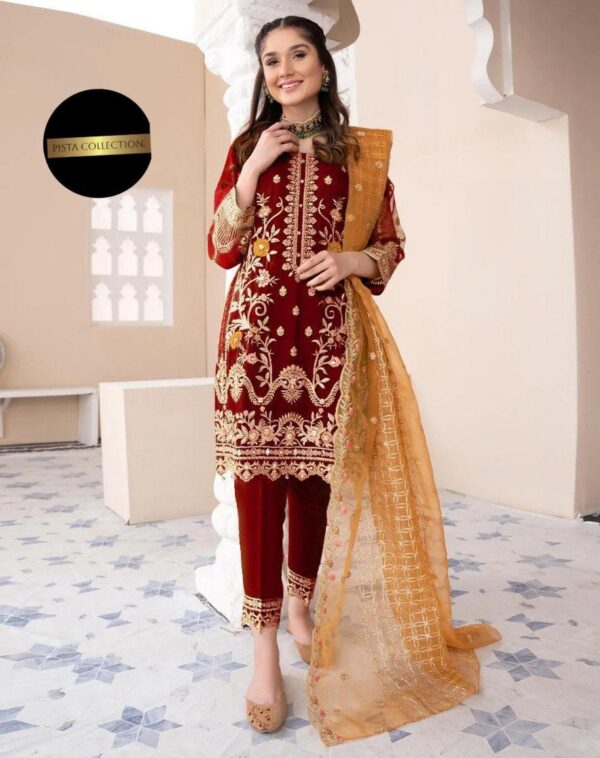 3-pcs Embroidered Suits in ORGANZA & MALAI Fabric - Image 3