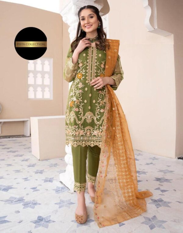 3-pcs Embroidered Suits in ORGANZA & MALAI Fabric - Image 4