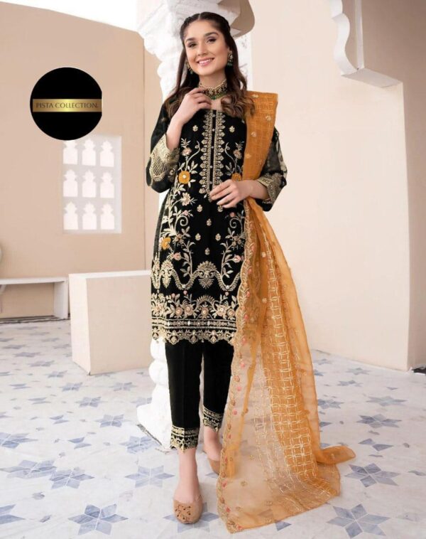 3-pcs Embroidered Suits in ORGANZA & MALAI Fabric - Image 5