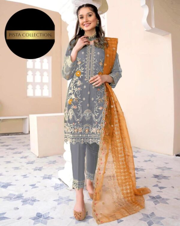 3-pcs Embroidered Suits in ORGANZA & MALAI Fabric - Image 6