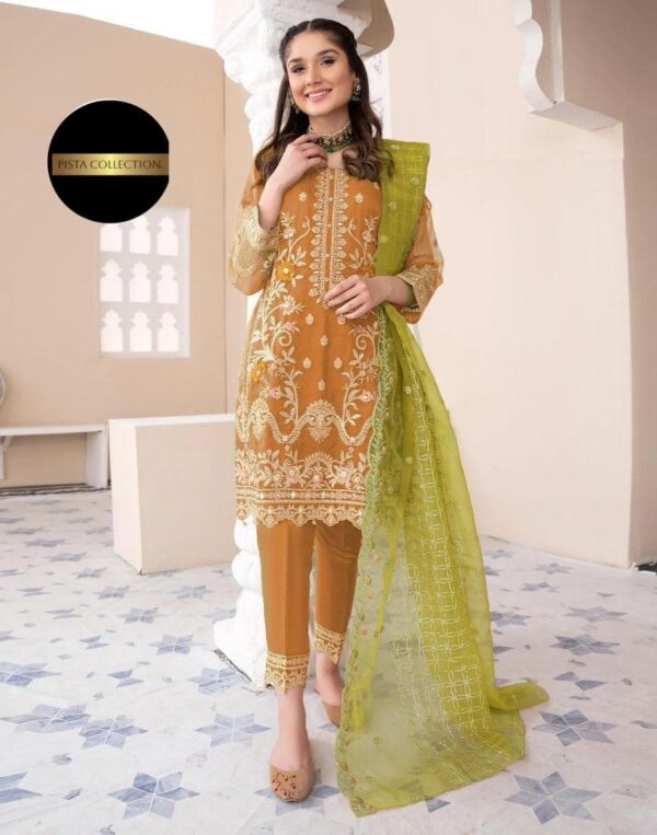 3-pcs Embroidered Suits in ORGANZA & MALAI Fabric - Image 7