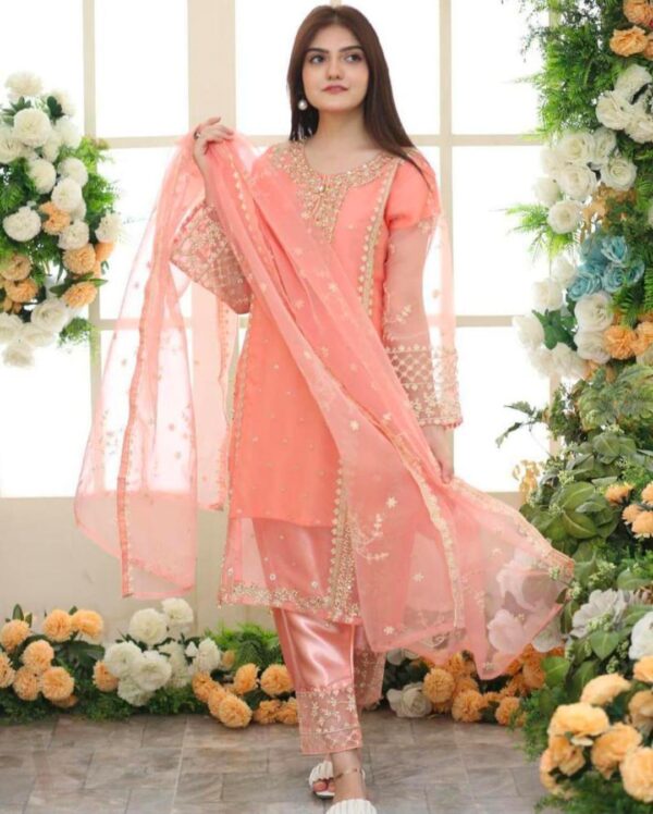 3-pcs Stitched ORGANZA EMBROIDERED Elegant Suit - Image 7