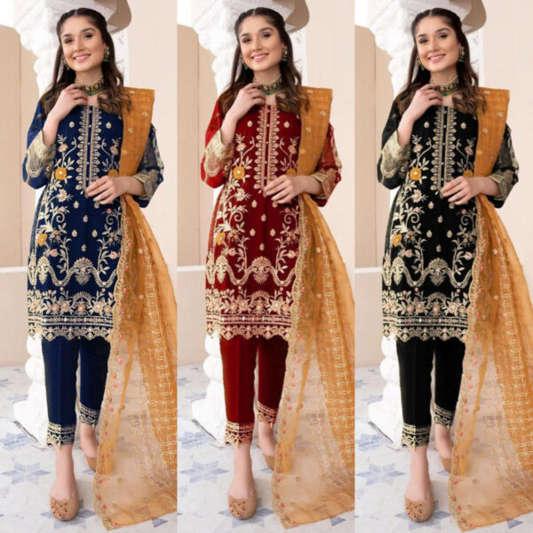 3-pcs Embroidered Suits in ORGANZA & MALAI Fabric